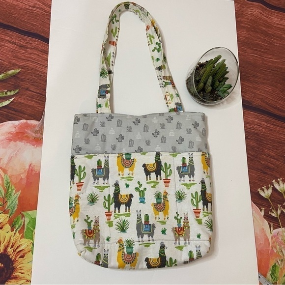 Handmade One Of A Kind Cotton Llama Print Tote Bag - Picture 14 of 15
